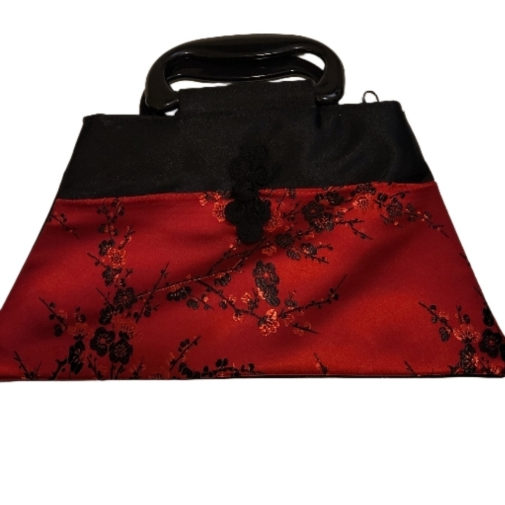Elegant Red and Black Floral Handbag